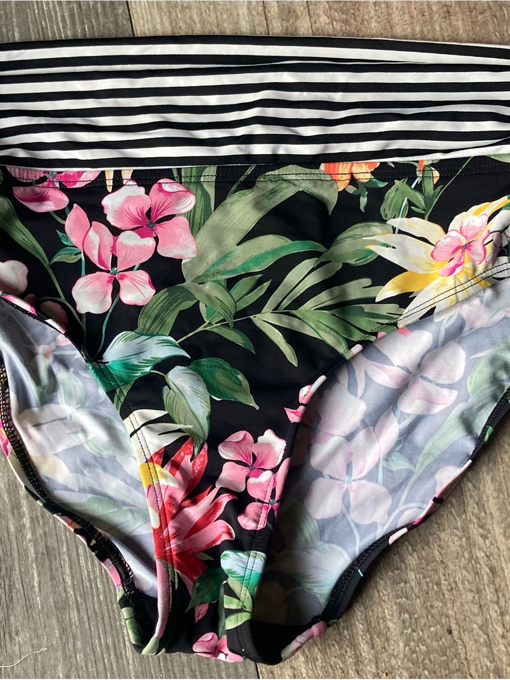 Sky Floral & Striped Black Bikini Bottoms - Green, Pink, Yellow